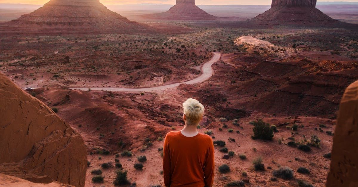 Person in orange sweater overlooking Monument Valley landscape.