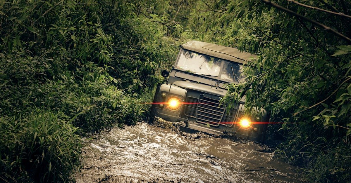 Off-road vehicle in muddy water, surrounded by dense green vegetation. Headlights glowing.