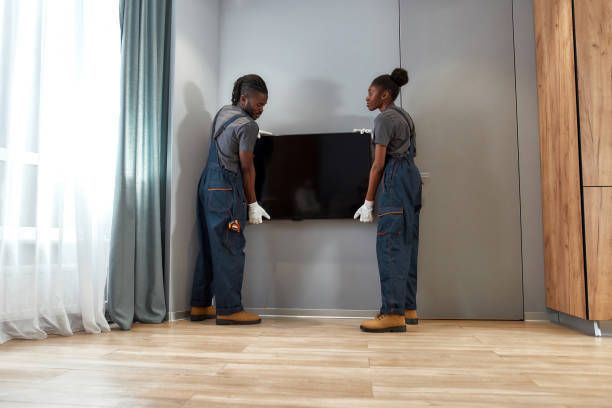 Two people in blue overalls installing a TV on a gray wall.