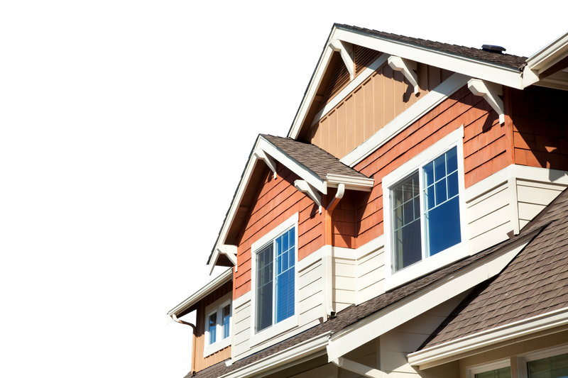 Two-story house with orange siding, white trim, and three windows against a white background.