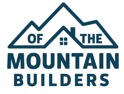 Logo: blue mountain range with house silhouette, text reads "Of The Mountain Builders."