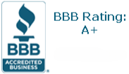 BBB logo with A+ rating. "BBB Accredited Business" badge, blue torch graphic.