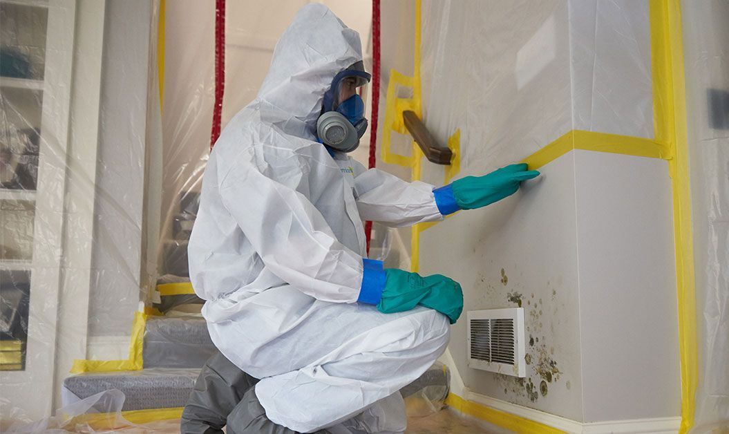 Person in PPE preparing room for mold remediation