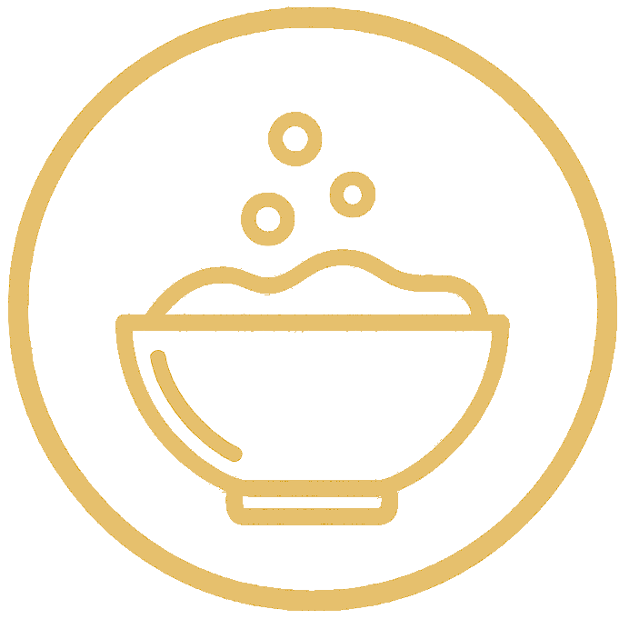 Icona dorata raffigurante una ciotola piena di cibo, con tre bolle che si innalzano sopra di essa,