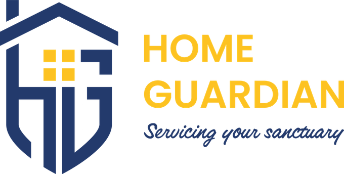the home guardian logo is blue and yellow and says `` home guardian servicing your sanctuary '' .