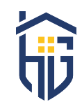 the home guardian logo, a blue and yellow logo of a house with a shield .