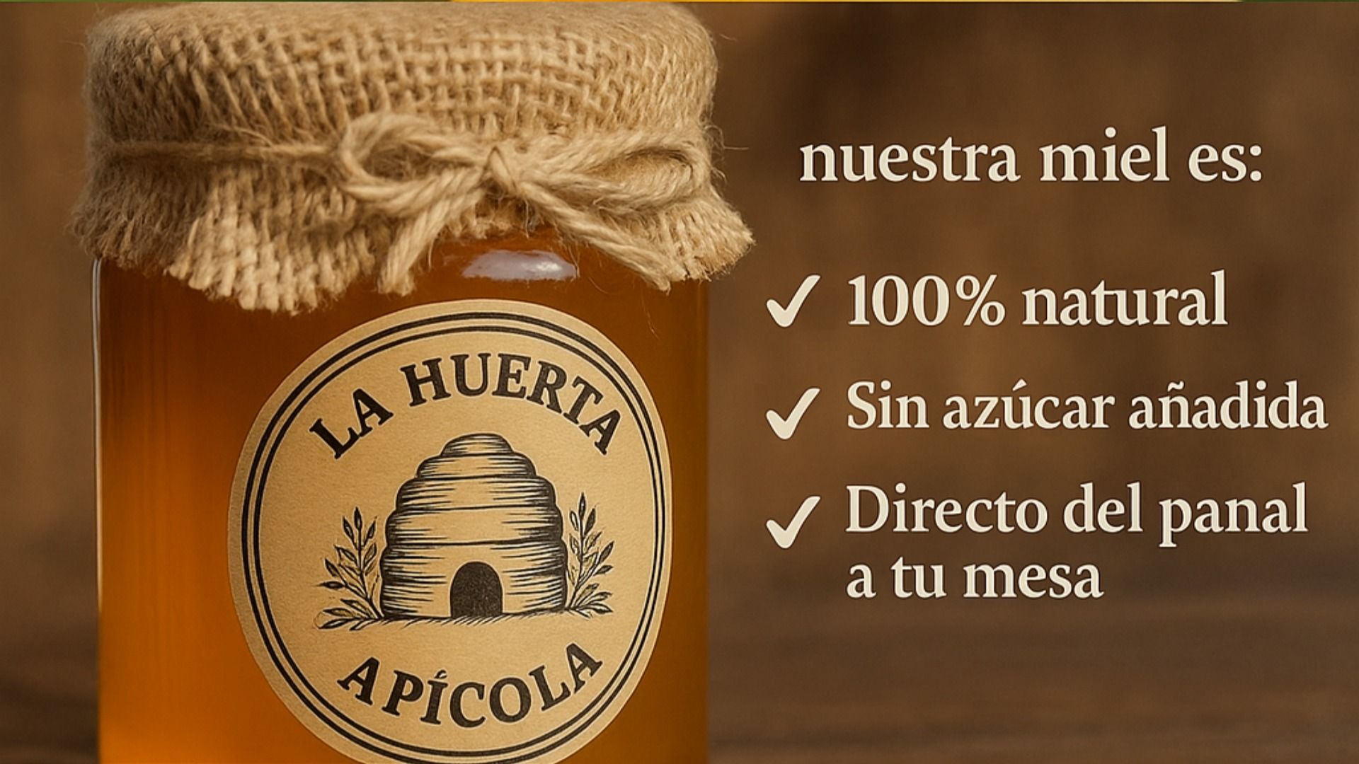 Tarro de miel con etiqueta “La Huerta Apícola” y texto: 100% natural, sin azúcares añadidos, directa de la colmena.