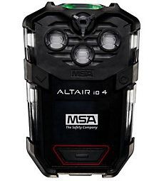 Black MSA Altair io 4 gas detector with three circular sensor ports and red button.