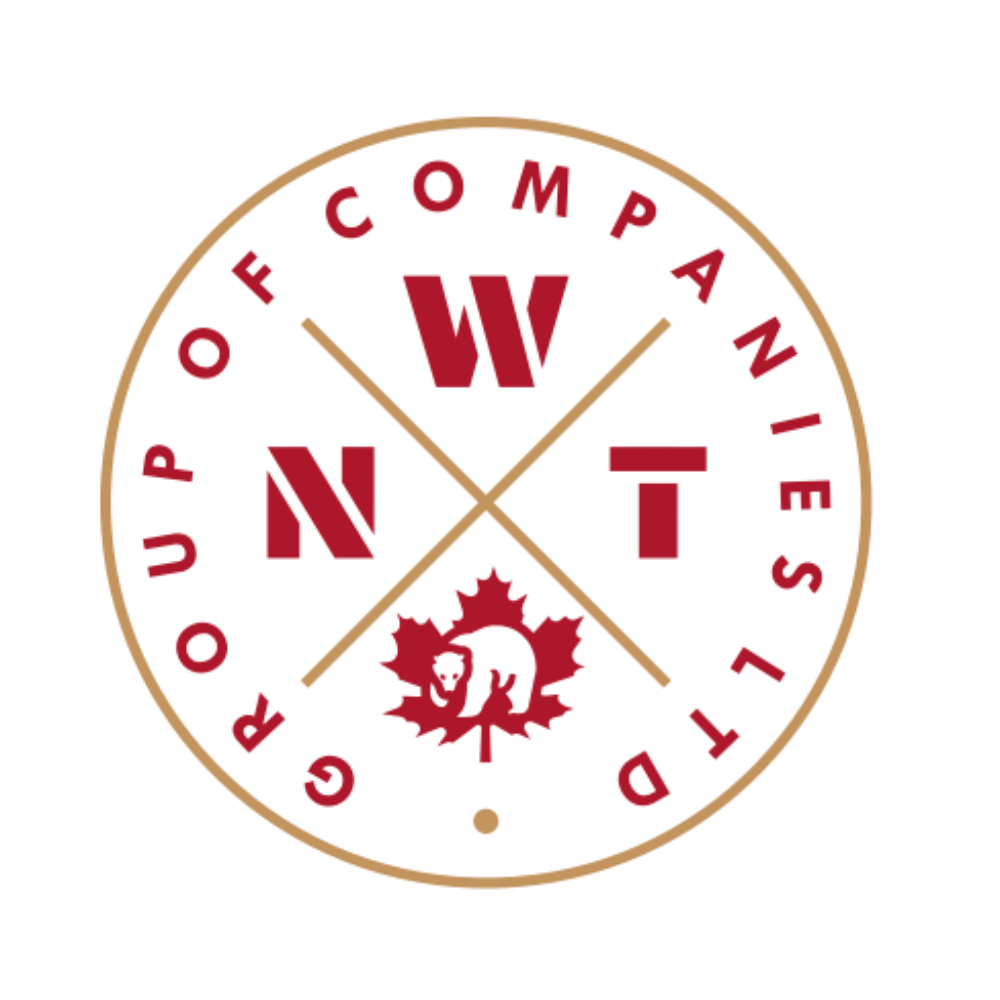 Logo for NWT Group of Companies Ltd, with brown border, red letters, and a maple leaf with a polar bear.