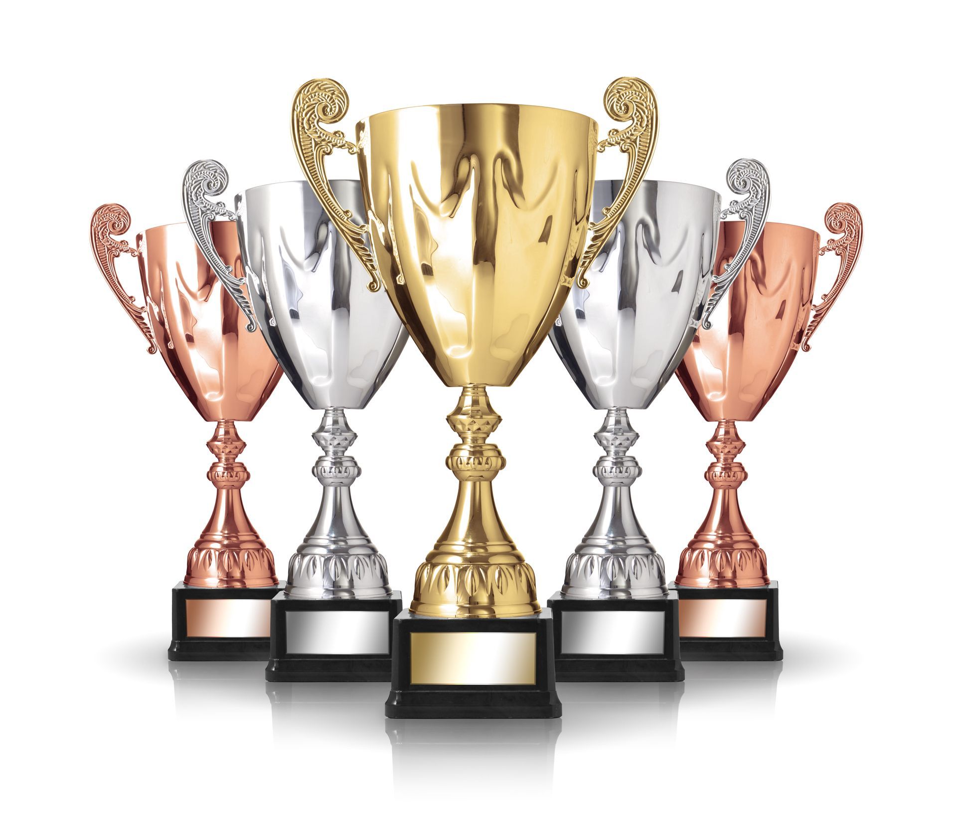Five trophies of varying metallic colors lined up.