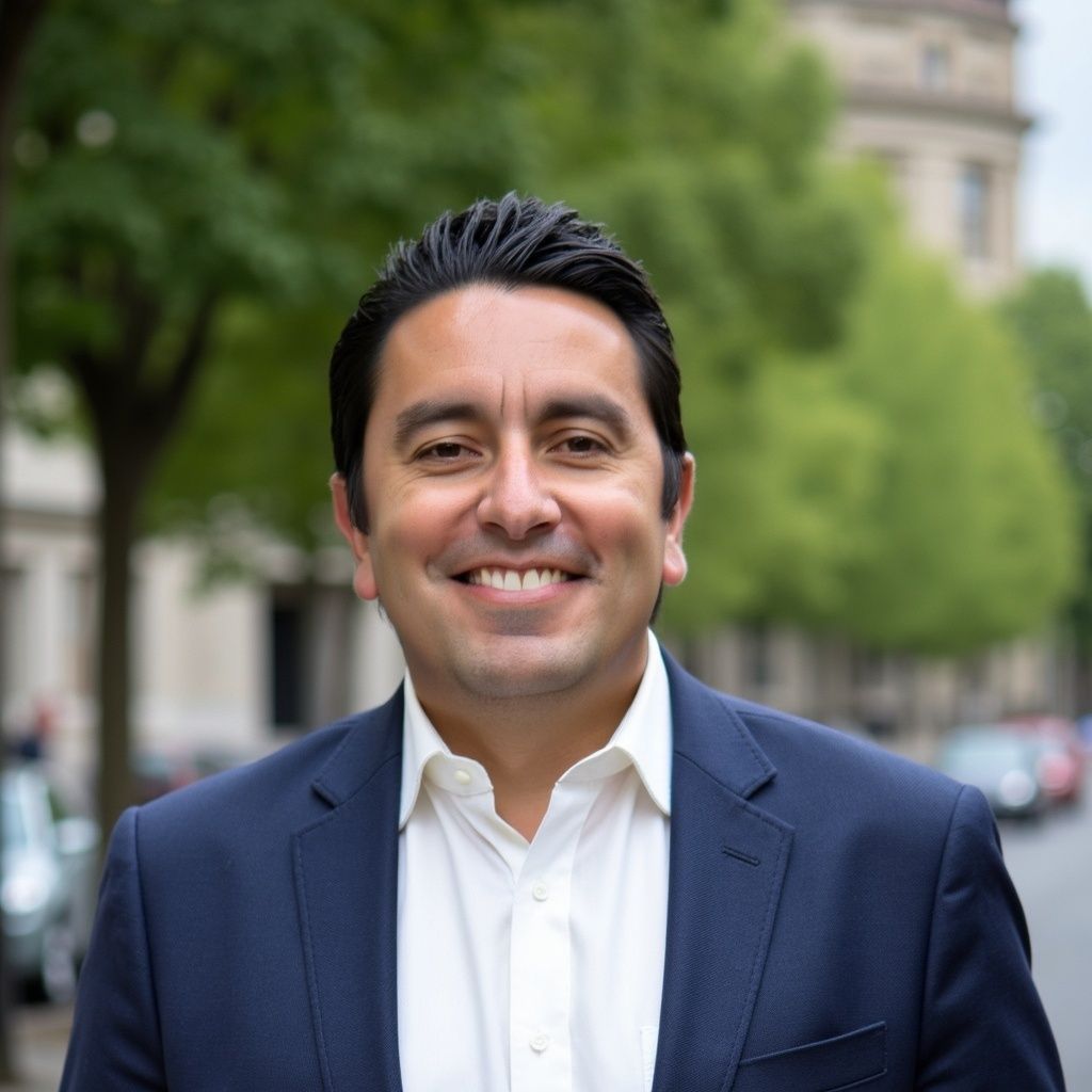 A man in a blue shirt and black pants is standing with his hands in his pockets.