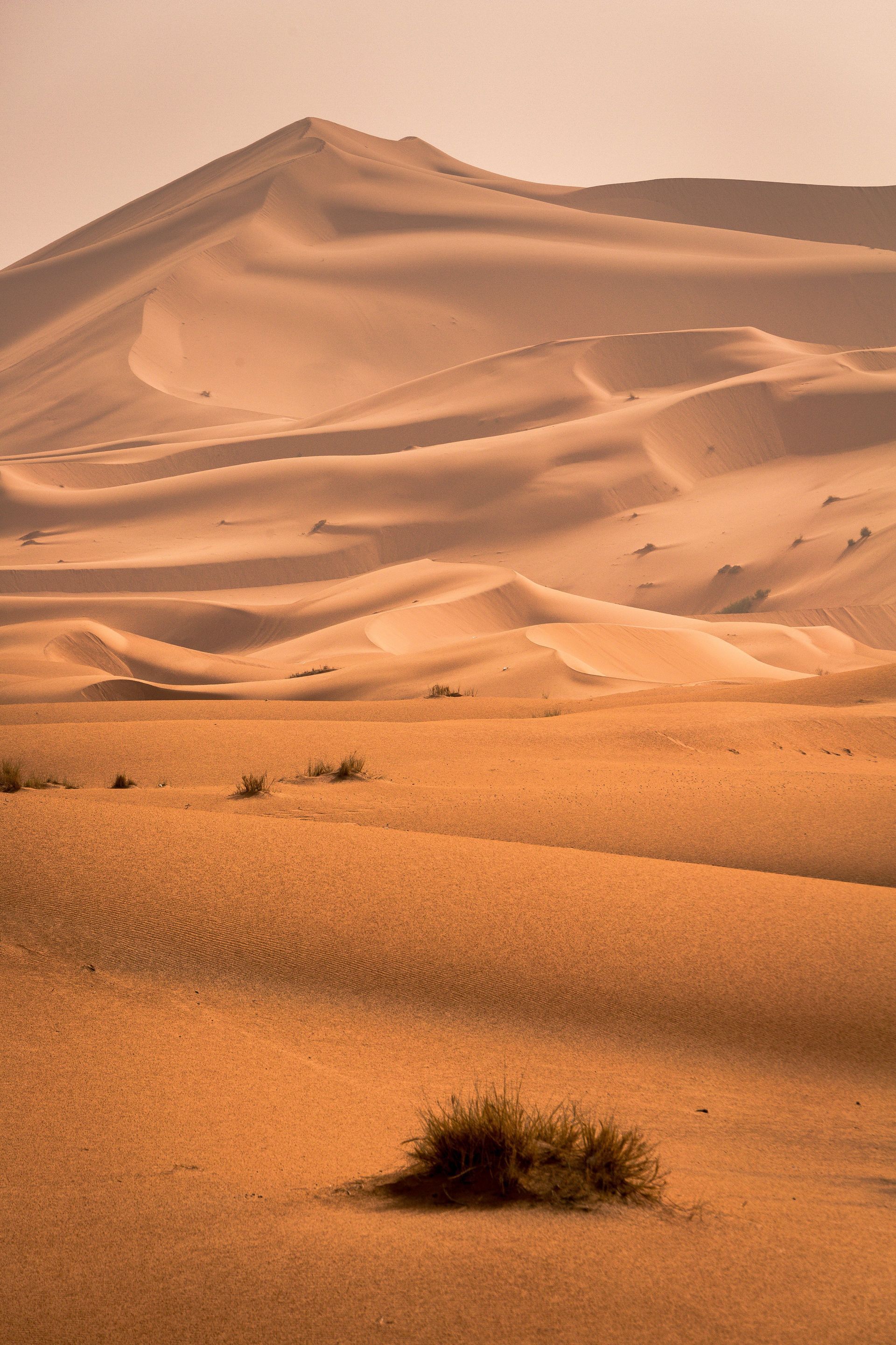 A desert landscape with sand dunes and a mountain in the background.