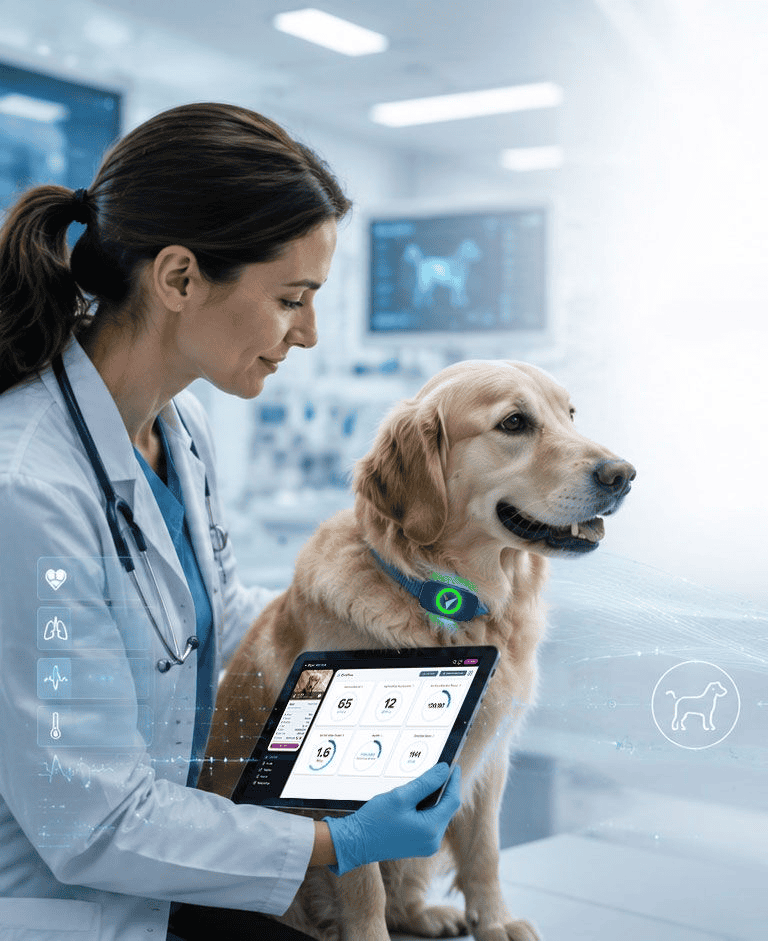 Veterinarian with golden retriever wearing the Voyce monitoring sensor in clinic, holding a tablet with pet health data