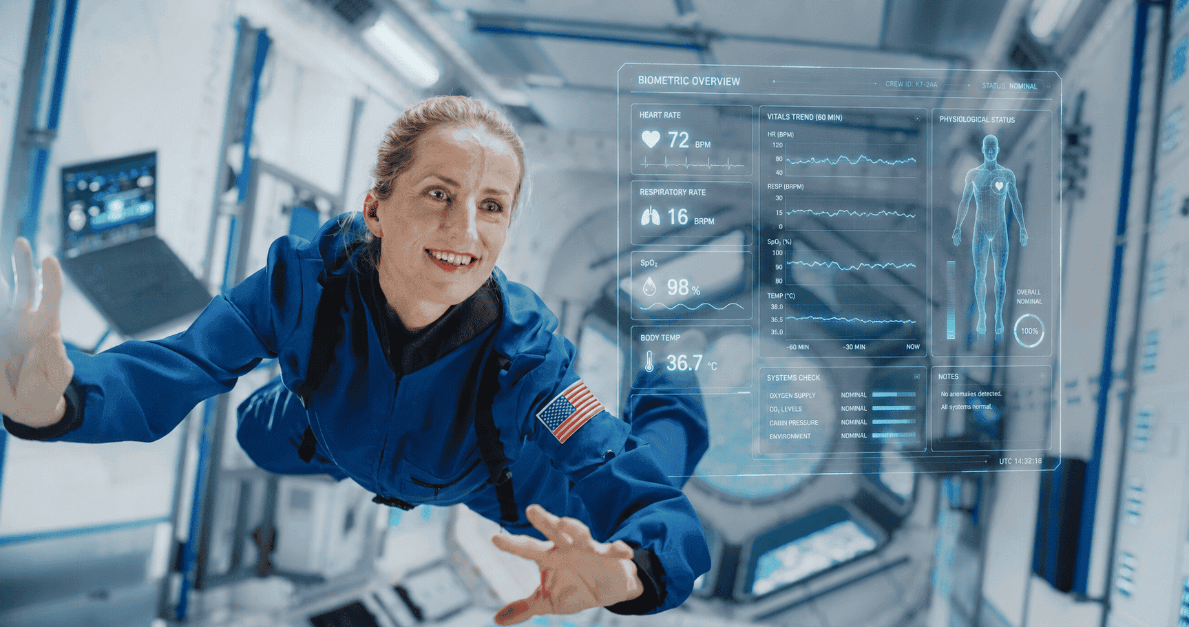 A female astronaut in space with a biometric health overlay.