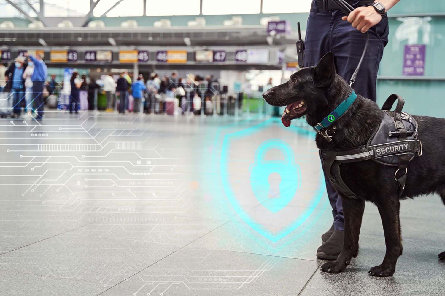 A security dog wearing the Voyce veterinary biometric monitoring sensor device in a busy airport.