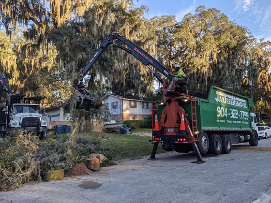 Truck with crane removing tree branches from yard, house in background.