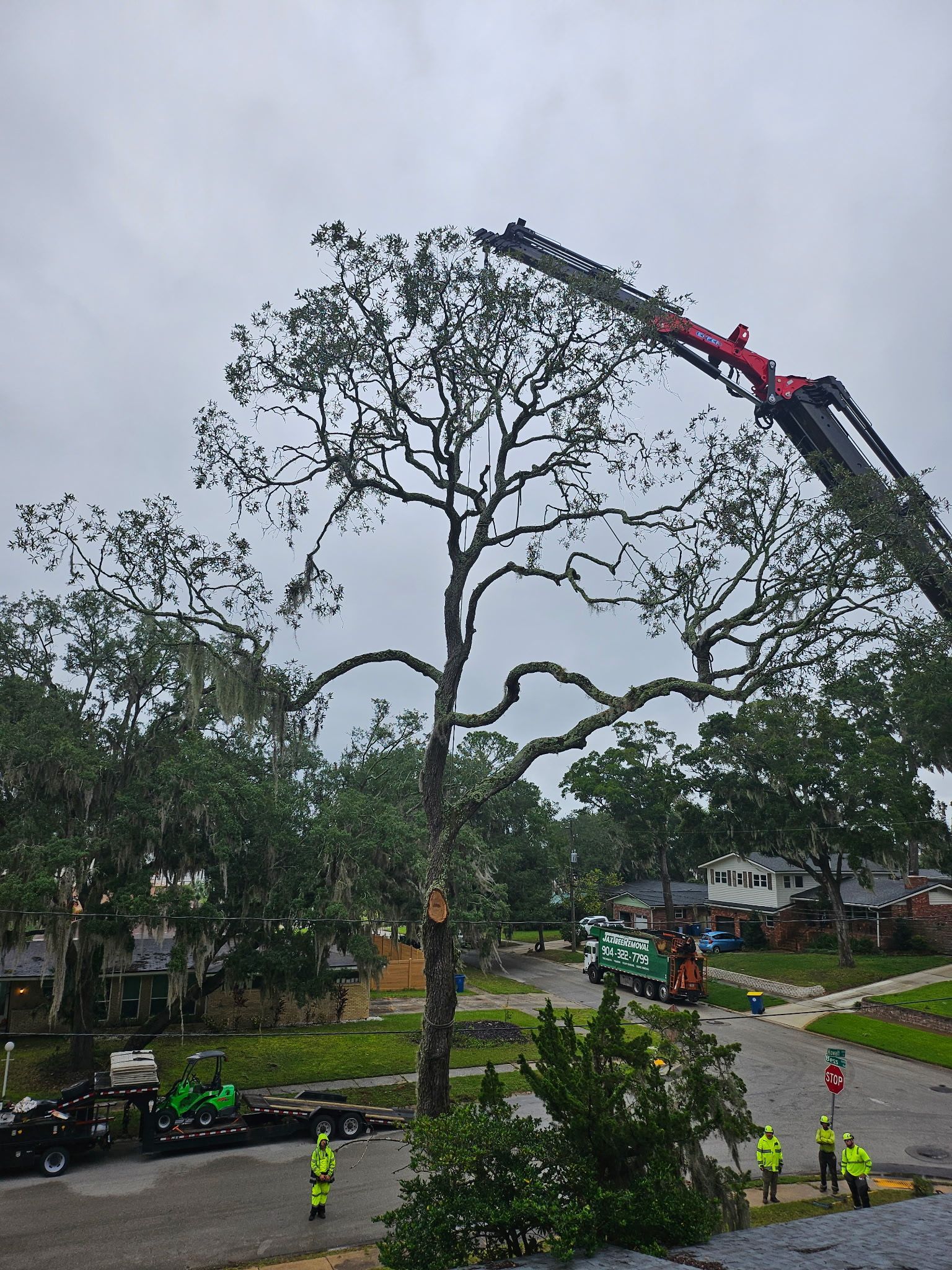 A large crane removing a tree from a roof of a house on a cloudy day.