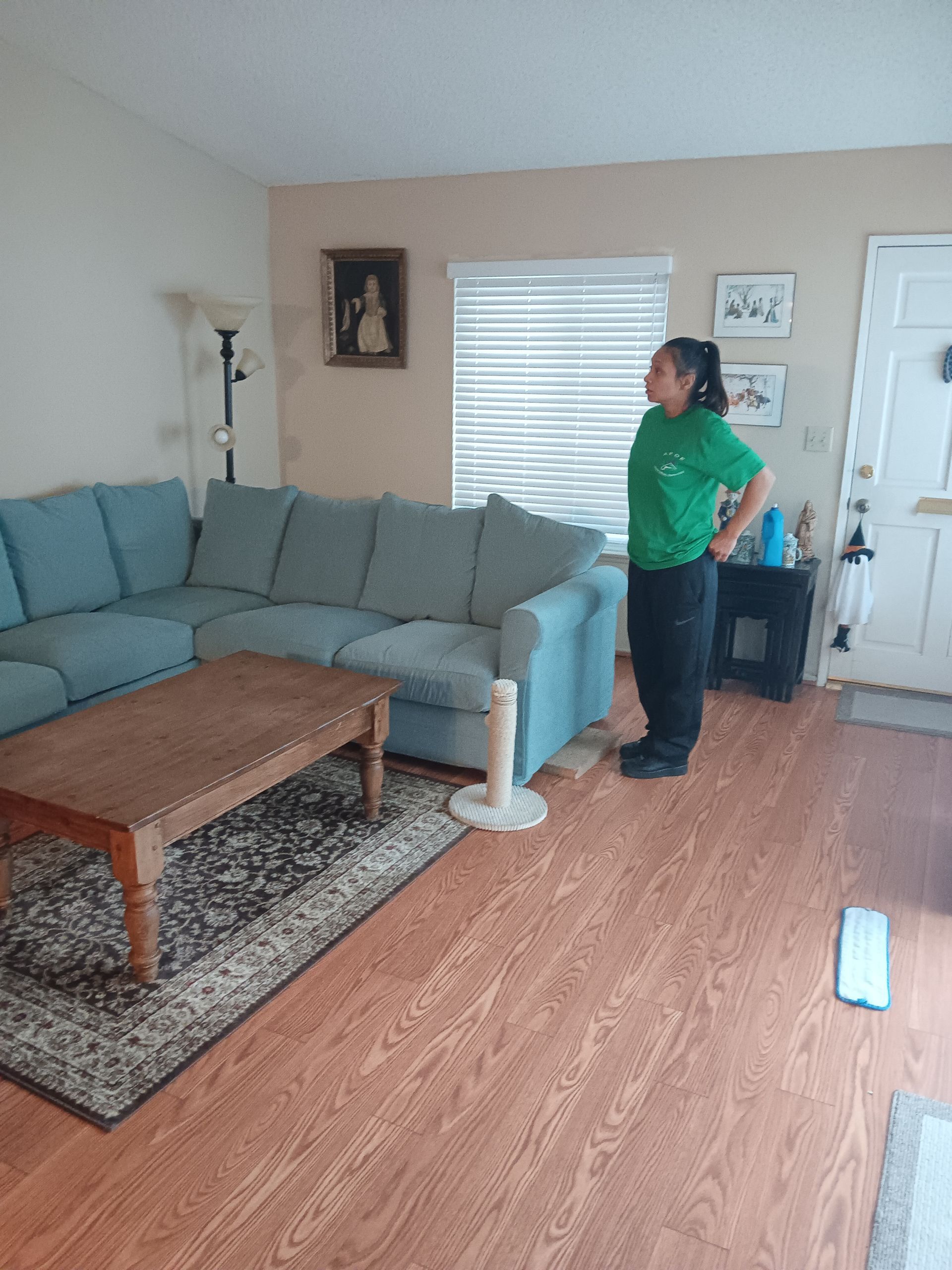 A woman in a green shirt is standing in a living room next to a couch.