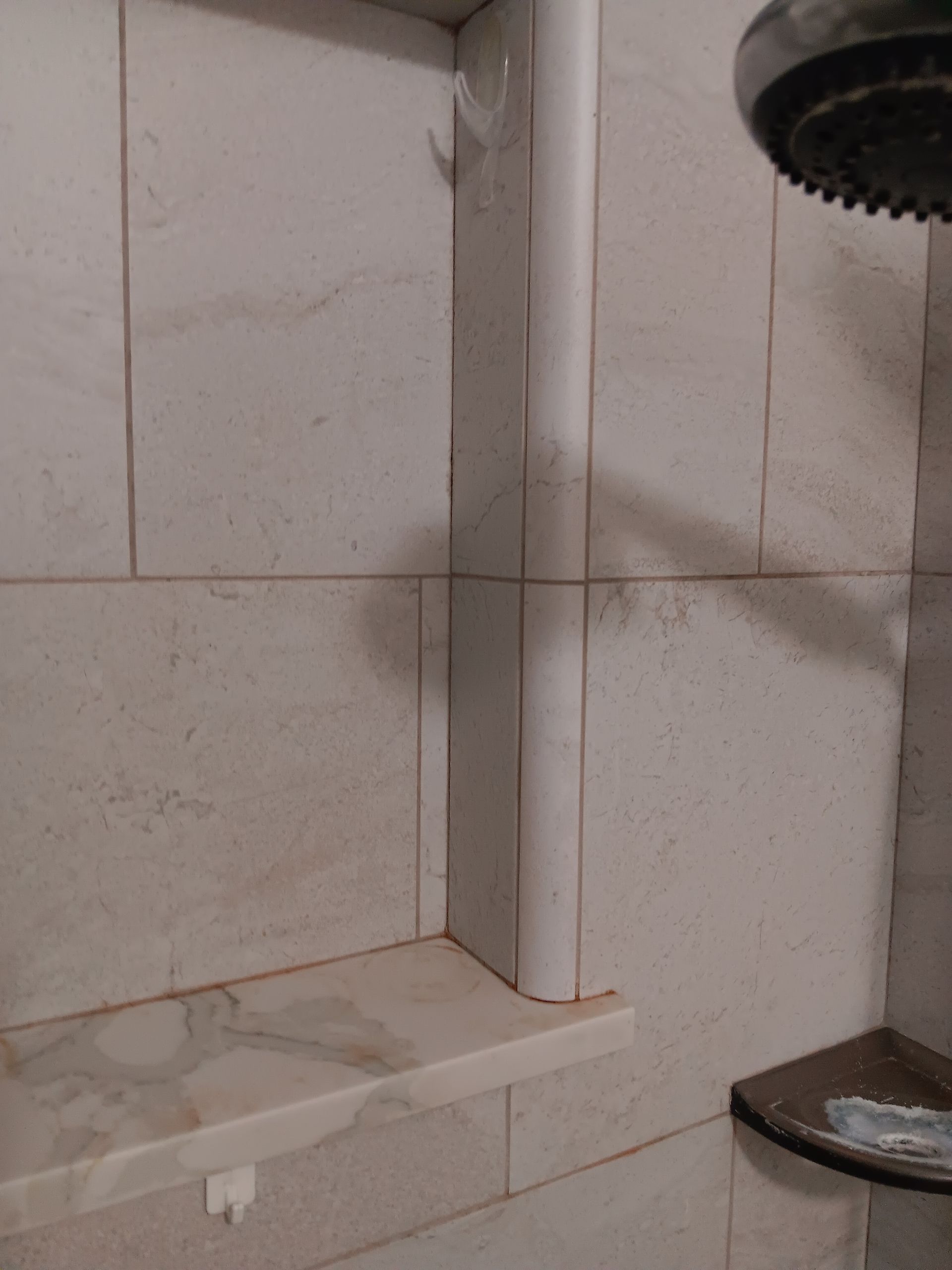 A bathroom with a shower head and a shelf.