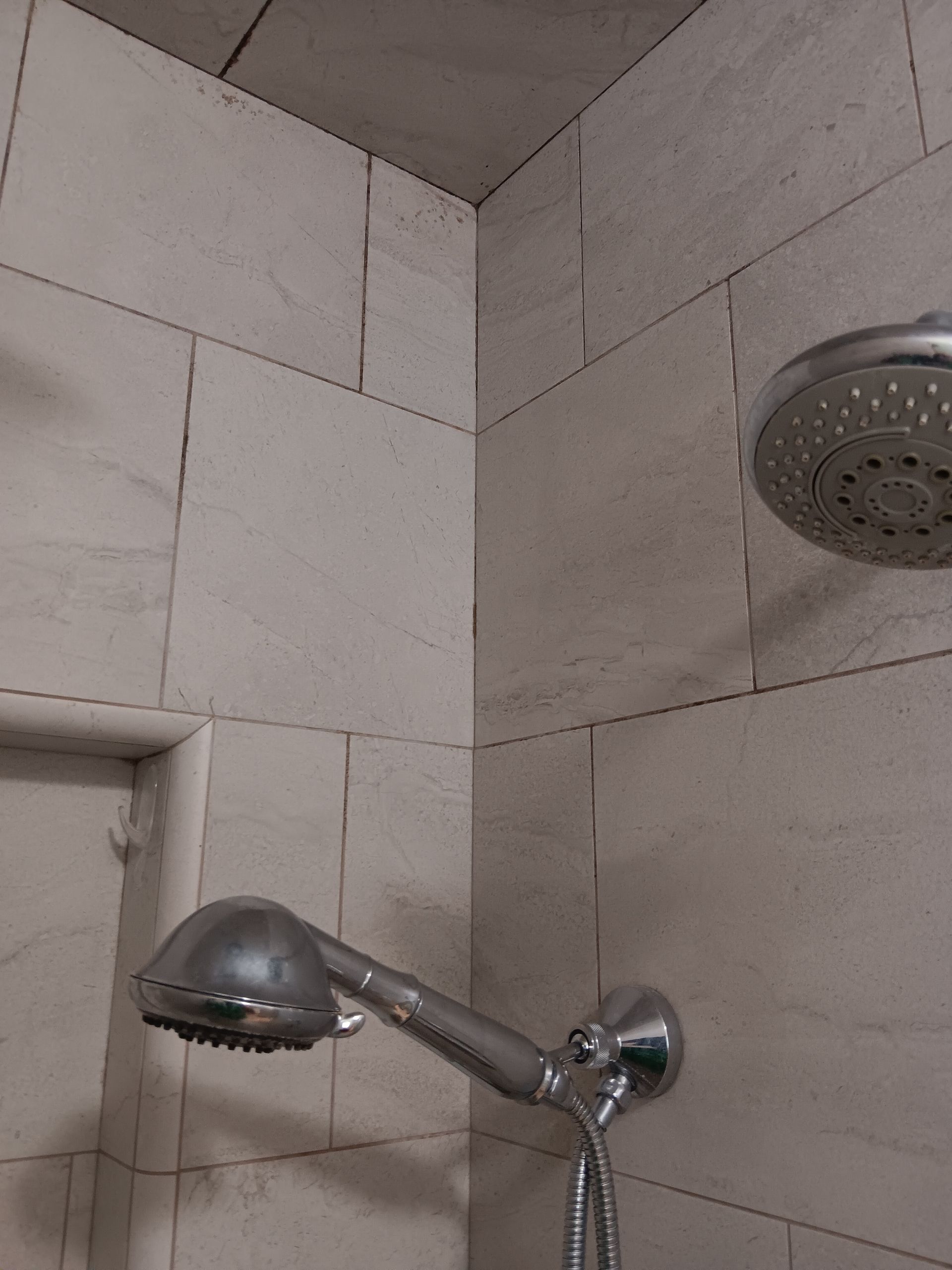 A shower head is hanging on a tiled wall in a bathroom.