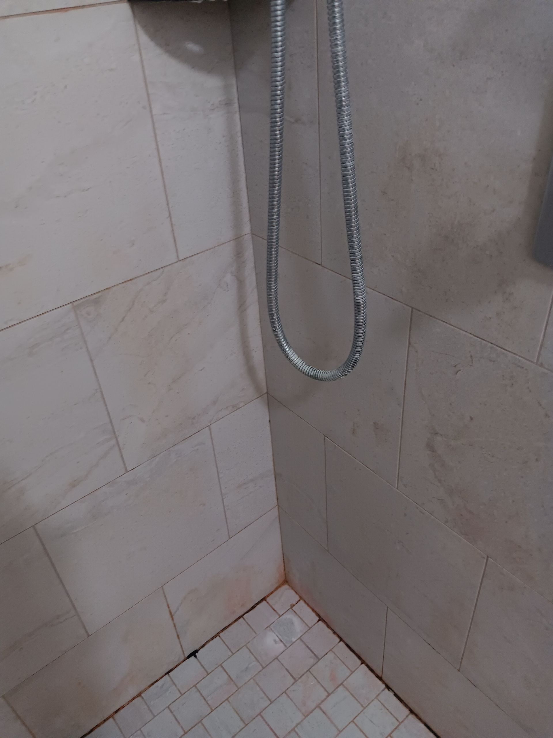 A shower head is hanging from the wall in a bathroom.