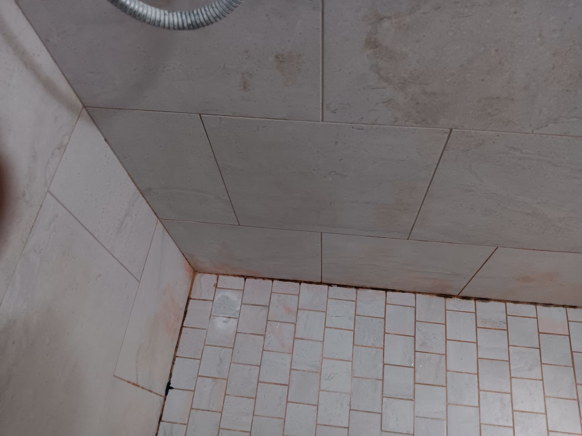 A bathroom with white tiles and a shower head