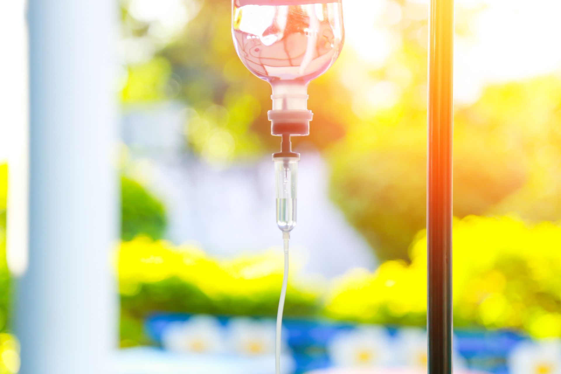 IV drip bag hanging with sunlight shining through a window and a beautiful green landscape in the background.