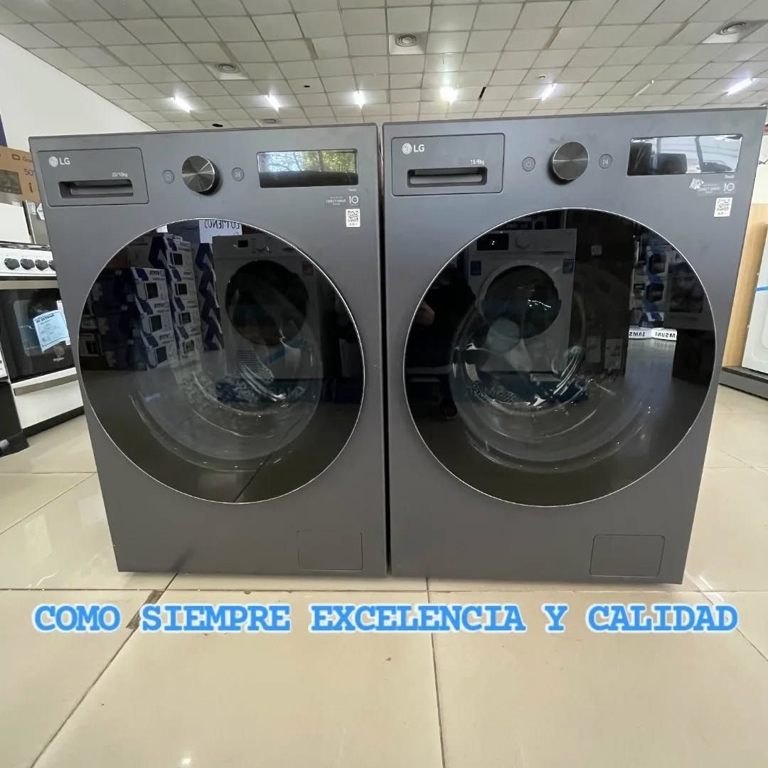 Two gray LG washing machines in a store, with the slogan 