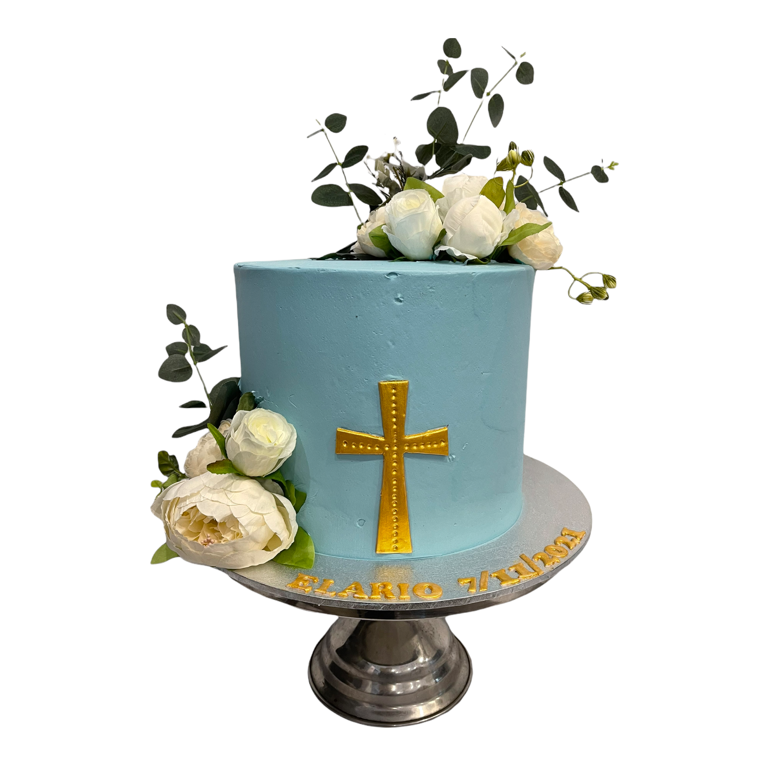white christening cake book with blue details