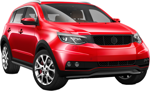 A red car with a black grille on a white background