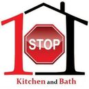 Logo for "1 Stop Kitchen and Bath" featuring a stylized house outline, a red stop sign, and red and black text.