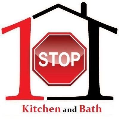 Logo for "1 Stop Kitchen and Bath" featuring a stylized house outline, a red stop sign, and red and black text.
