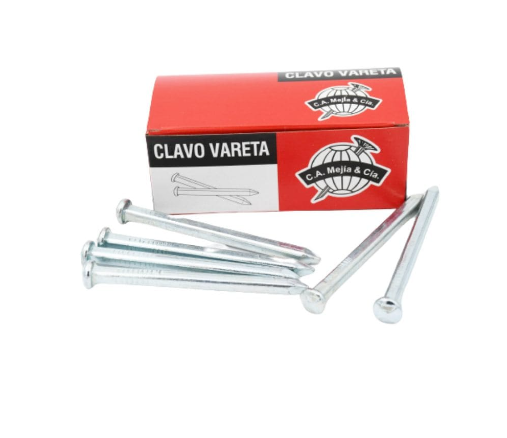 Caja de clavos "Clavo Vareta"; algunos clavos se encuentran dispuestos en abanico en el frente de la caja.