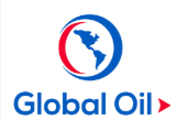 Logotipo de Global Oil: círculo azul con media luna roja, mapa del mundo, texto azul, flecha roja.