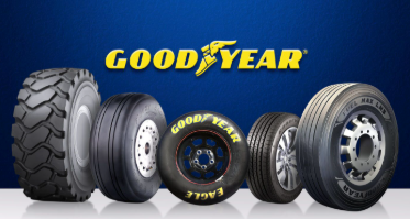 Neumáticos Goodyear de varios tamaños, con el logotipo de Goodyear sobre fondo azul.