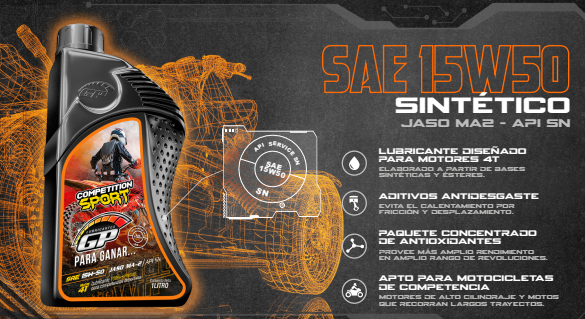 Botella de aceite para motocicleta con detalles técnicos sobre un fondo de dibujo mecánico.