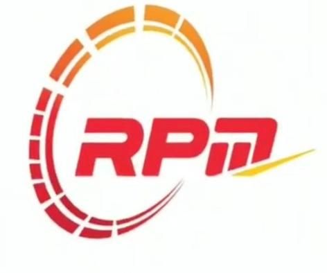 Logotipo RPM rojo y naranja con una franja curva.