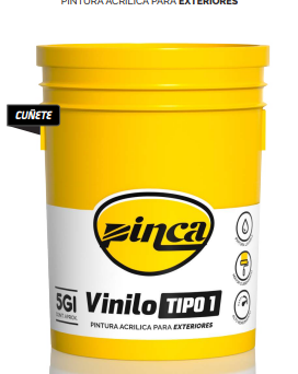 Bote de pintura amarilla rotulado "Zinca" y "Vinilo TIPO 1".