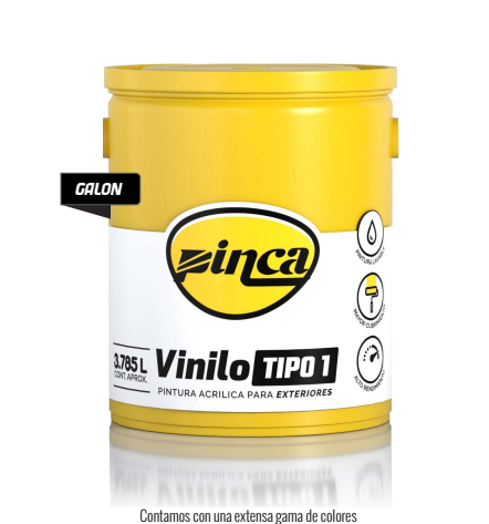 Lata de pintura amarilla etiquetada como "Finca" con texto "Vinilo Tipo 1", probablemente para uso exterior.
