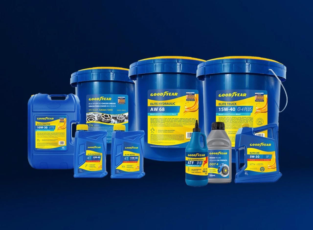 Neumáticos Goodyear de varios tamaños, con el logotipo de Goodyear sobre fondo azul.