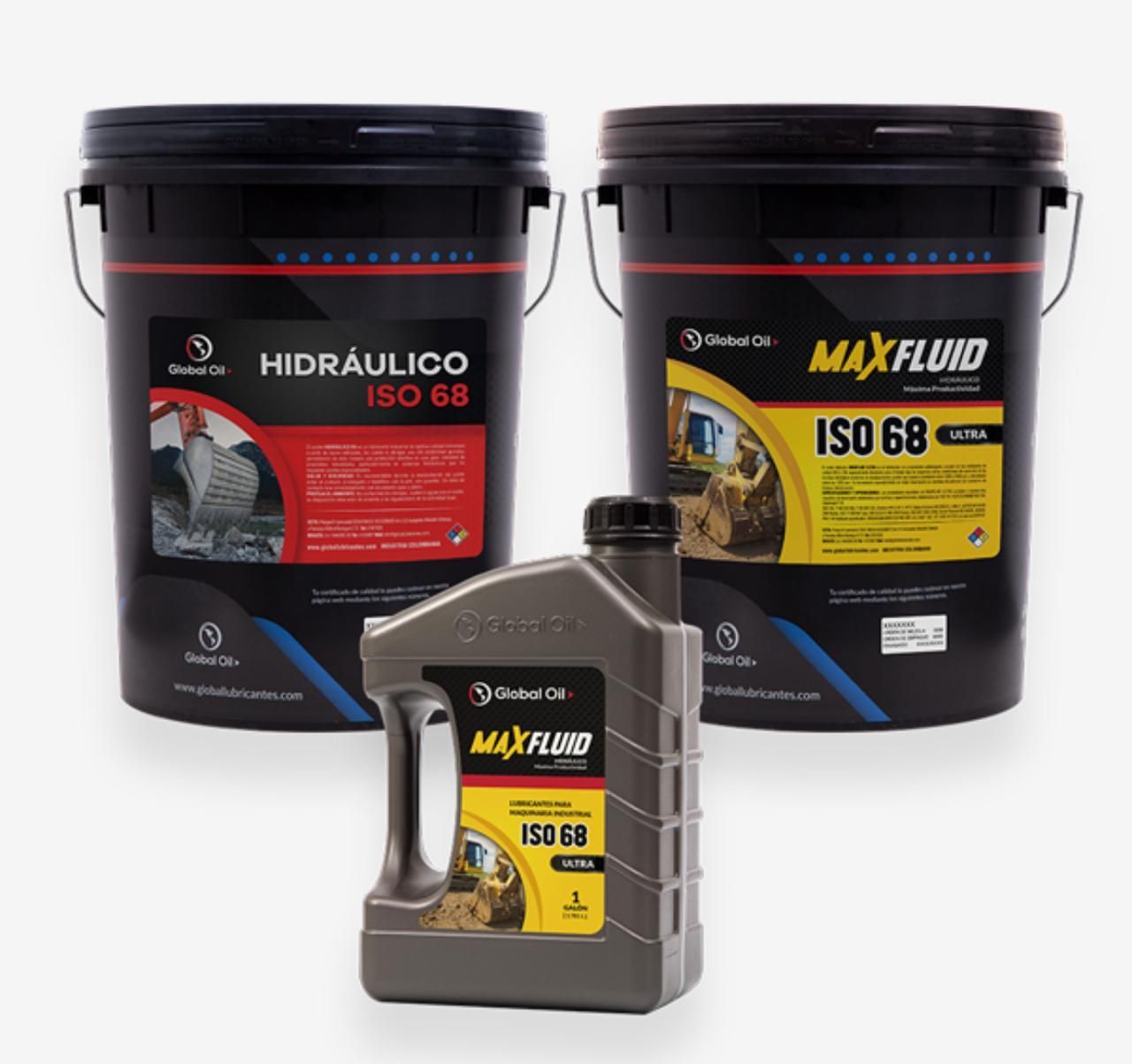 Dos cubos y una botella de aceite hidráulico MaxFluid ISO 68.