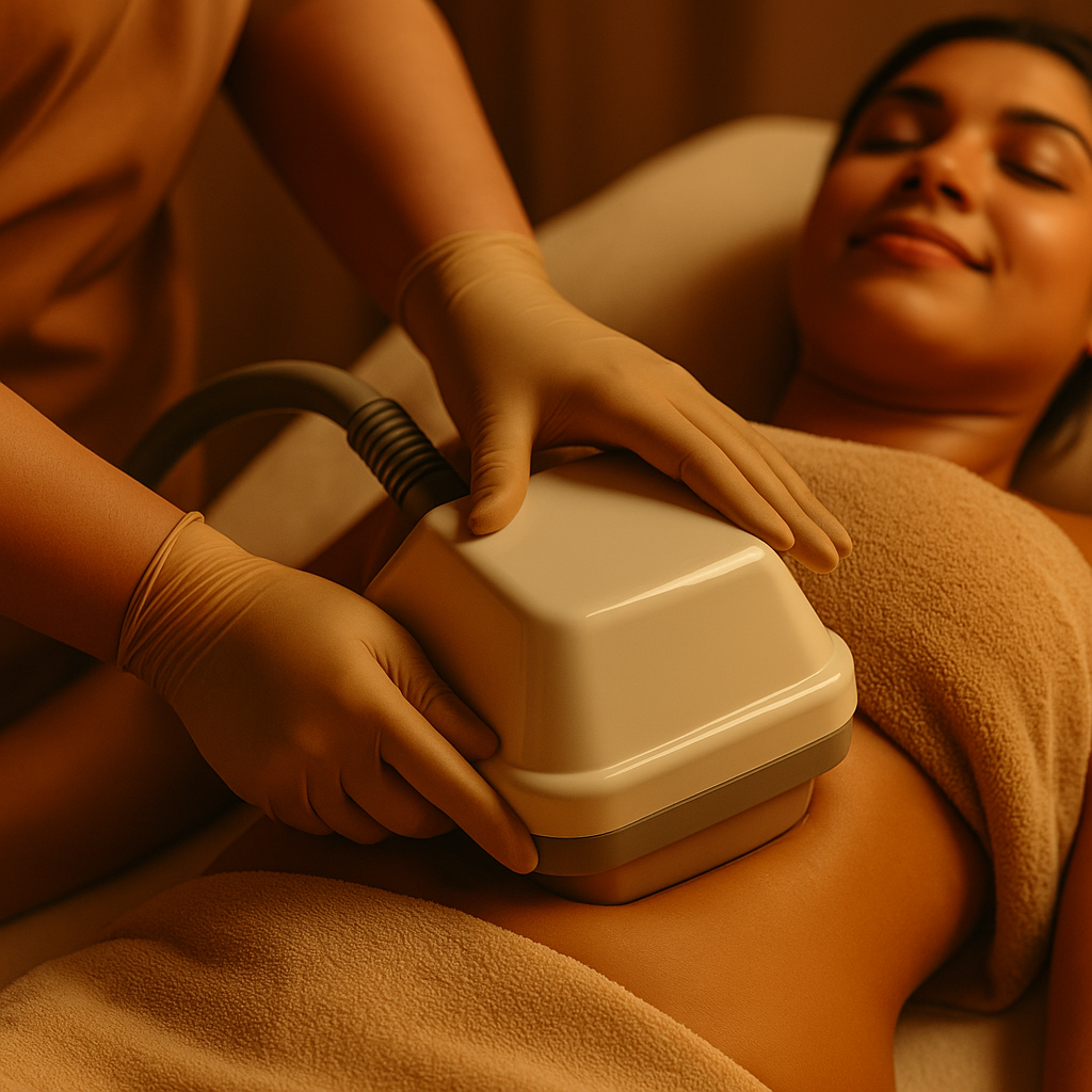 A woman is getting a treatment on her stomach