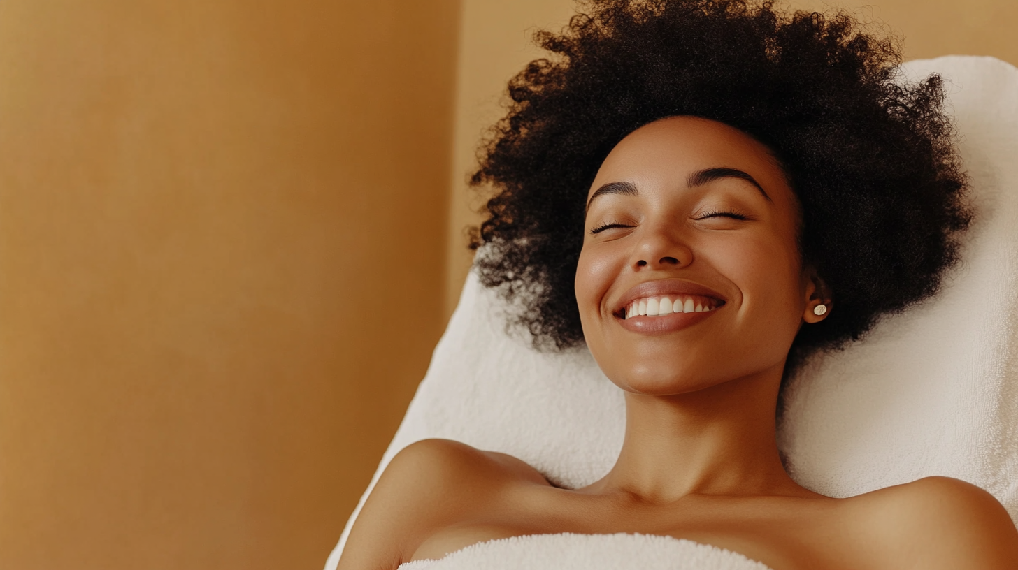 Woman smiling during RF Microneedling body sculpting in Springfield, MA