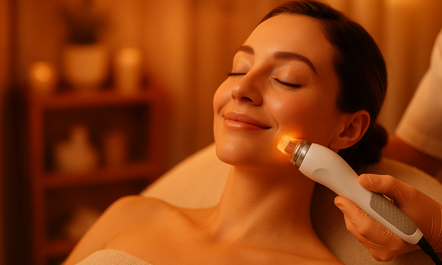 A woman is getting a facial treatment at a spa.