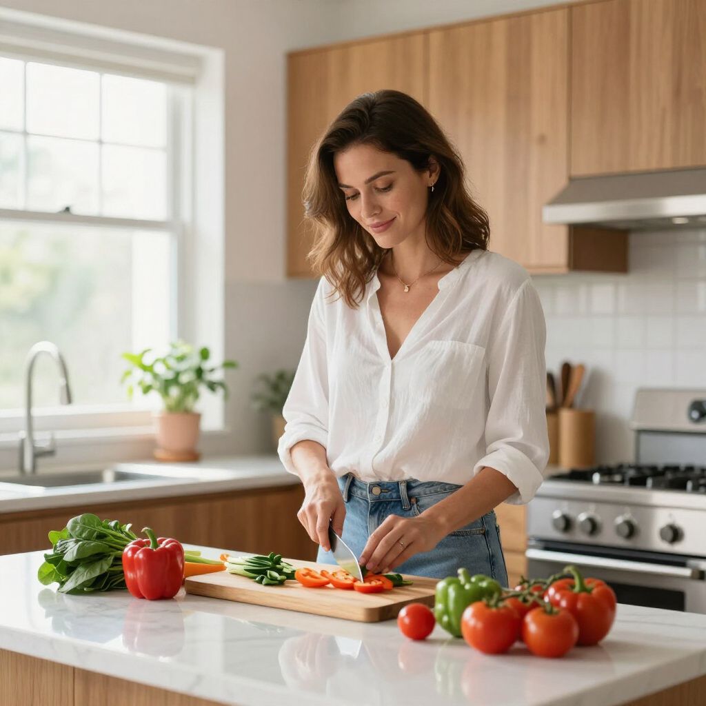 Woman in kitchen chopping vegetables on a cutting board.