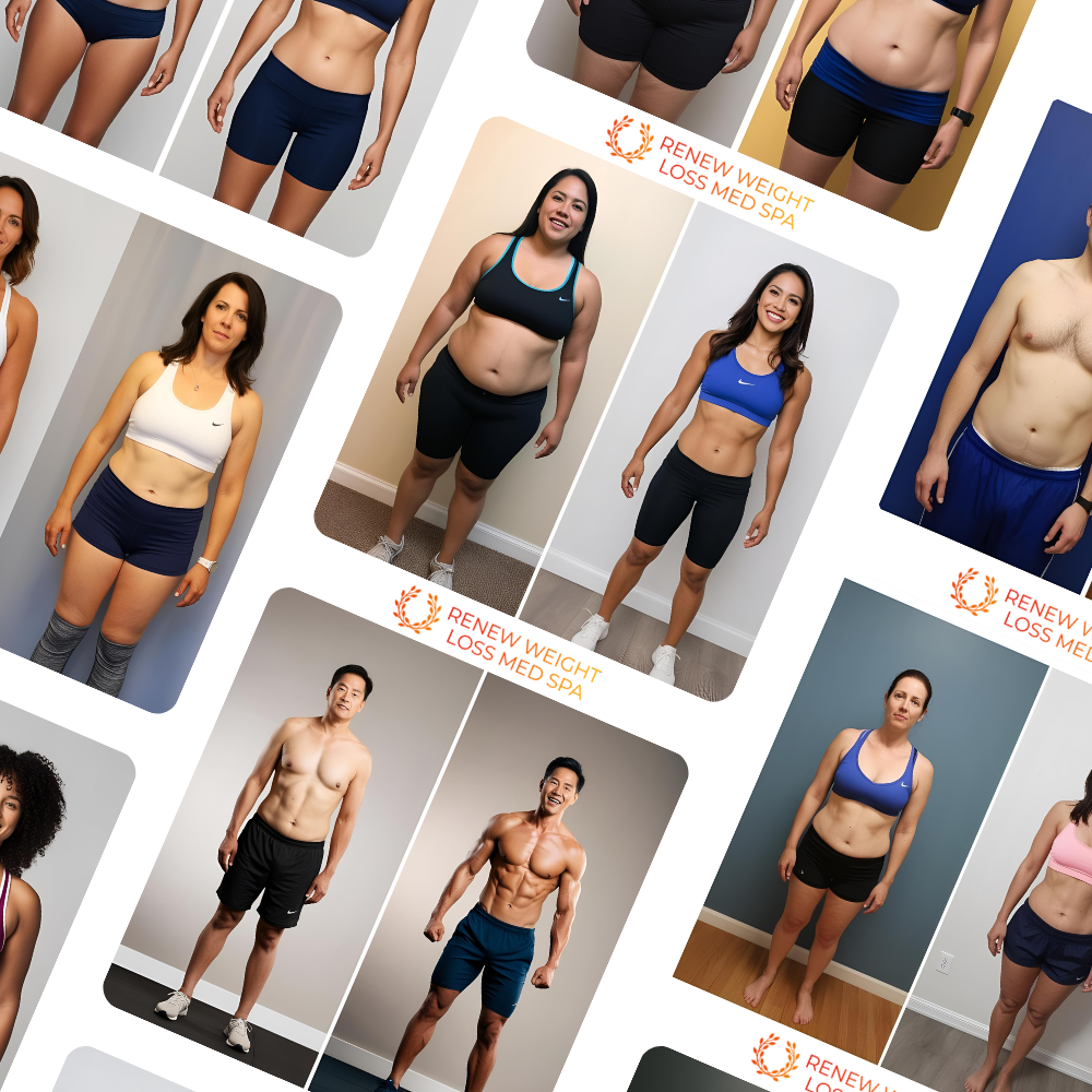 A collage of pictures of people with the words renew weight long and lean on the bottom