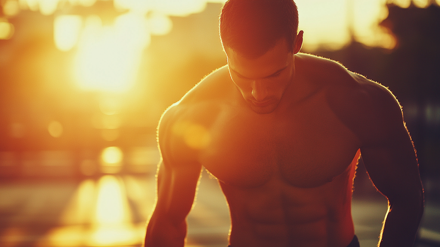A shirtless man is standing in front of a sunset.