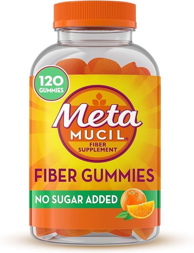 A bottle of meta mucil fiber gummies with no sugar added.