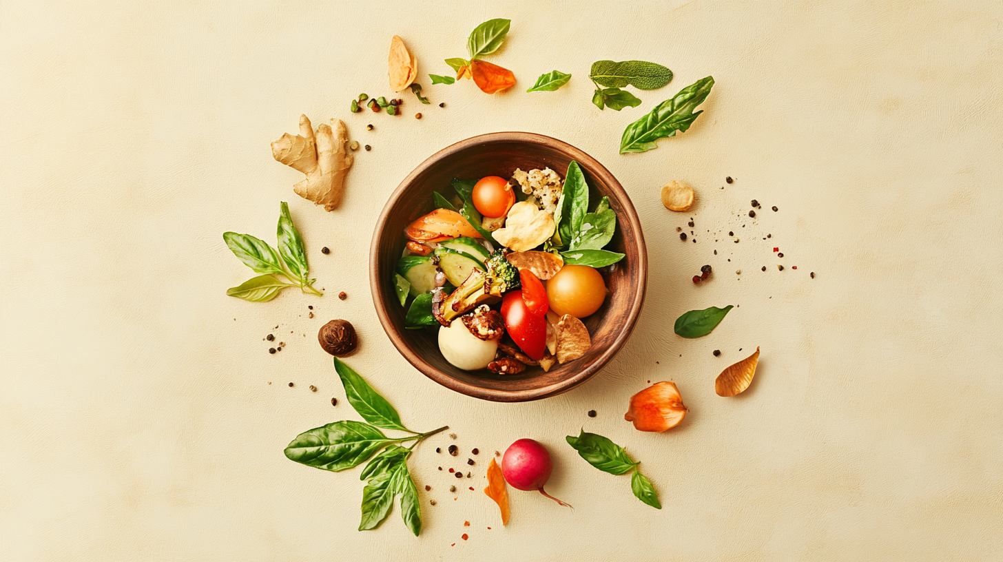 A bowl filled with vegetables and spices on a table.