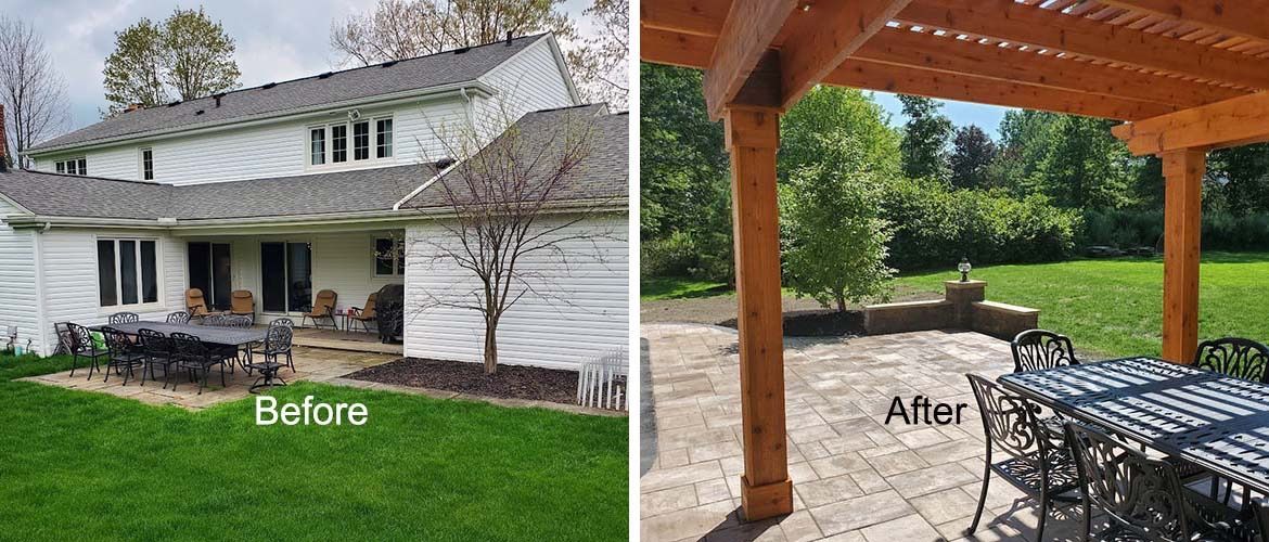 A before and after picture of a house with a patio and a pergola.